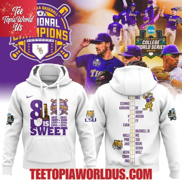 8 Sweet LSU Tigers 2025 NCAA Baseball National Champions White T-Shirt, Hoodie