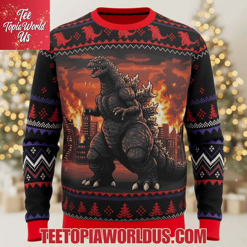 Godzilla Christmas Knitted Ugly Sweater Godzilla Christmas Knitted Ugly Sweater