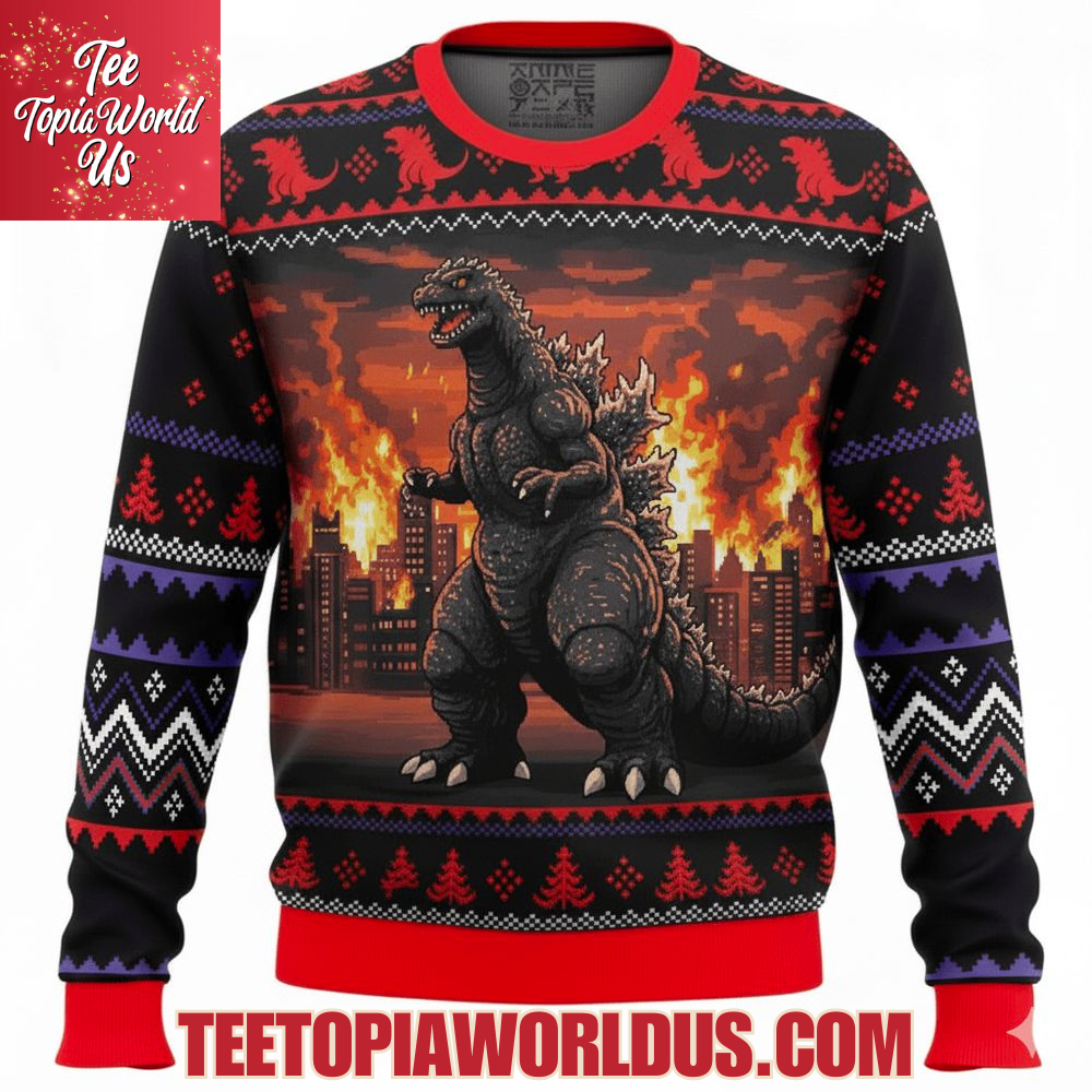 Godzilla Christmas Knitted Ugly Sweater Godzilla Christmas Knitted Ugly Sweater